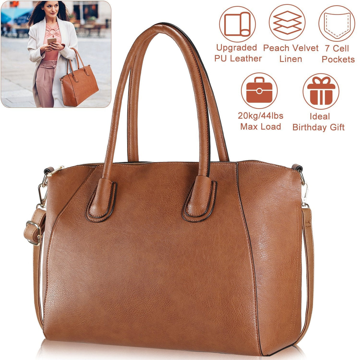 WomenÕs Soft Leather Handbag Tote Bags Large Shoulder Crossbody Bag 7 Cells Zipper Purse Handle Bag Phone Book Cosmetic Case for Office Lady Student